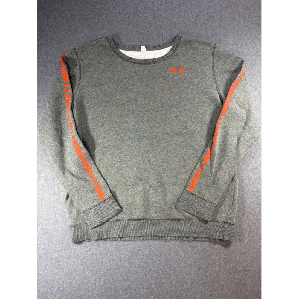 Under Armour Mens Crewneck Sweatshirt Heather Gray Orange Sleeve Logo Logo Large